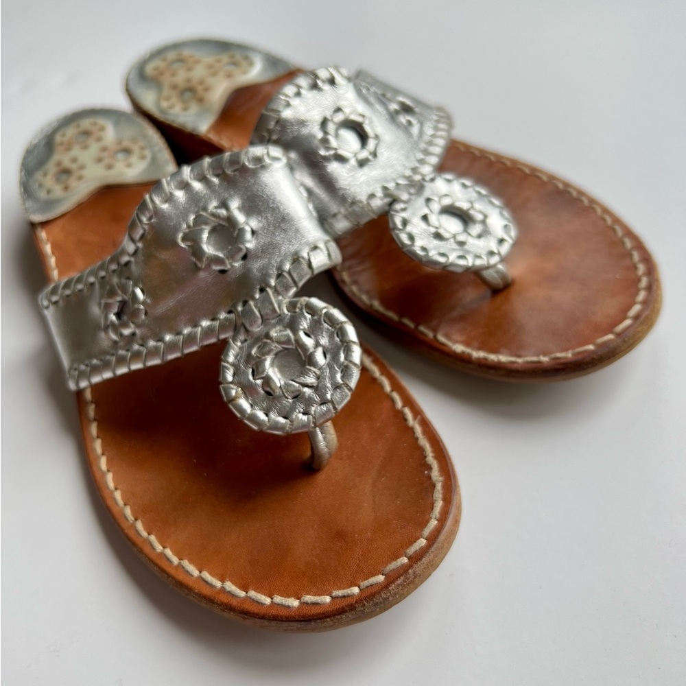 Vintage Jack Rogers Navajo Silver Leather Preppy Flat Sandals - Size 7 to 7.5